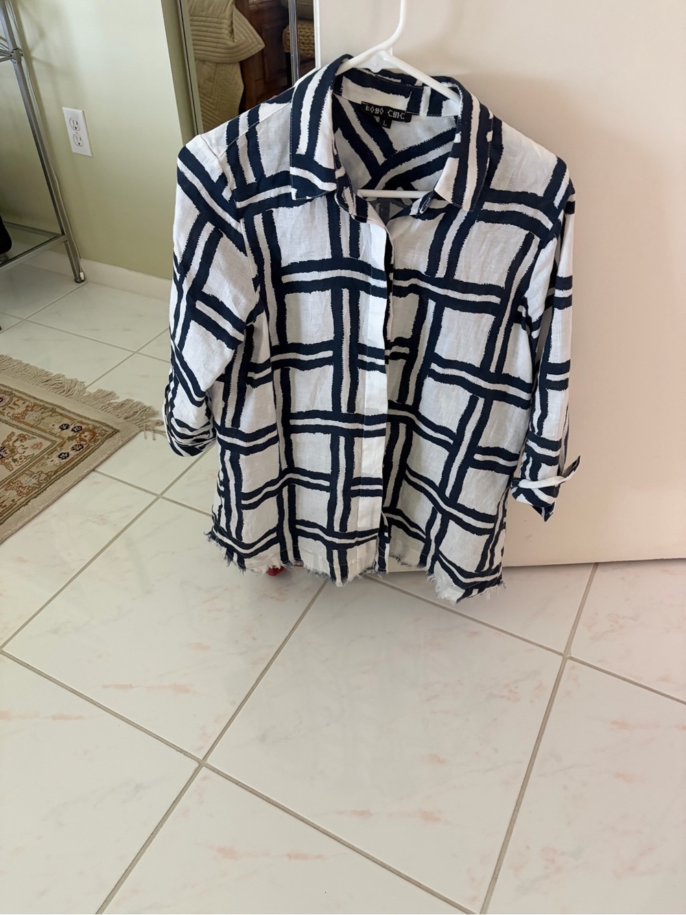 Navy & white button front tunic length top